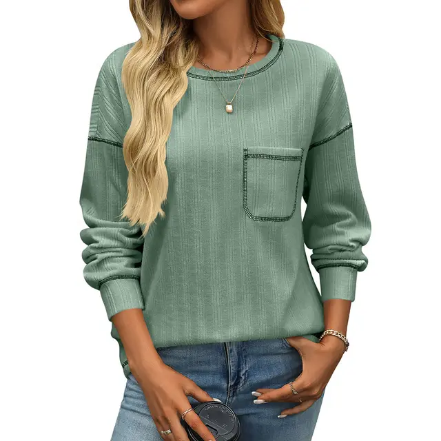 Women's Sunken Stripe Brushed Round Neck Pocket T shirt Bean Green - Shop at LoveMi