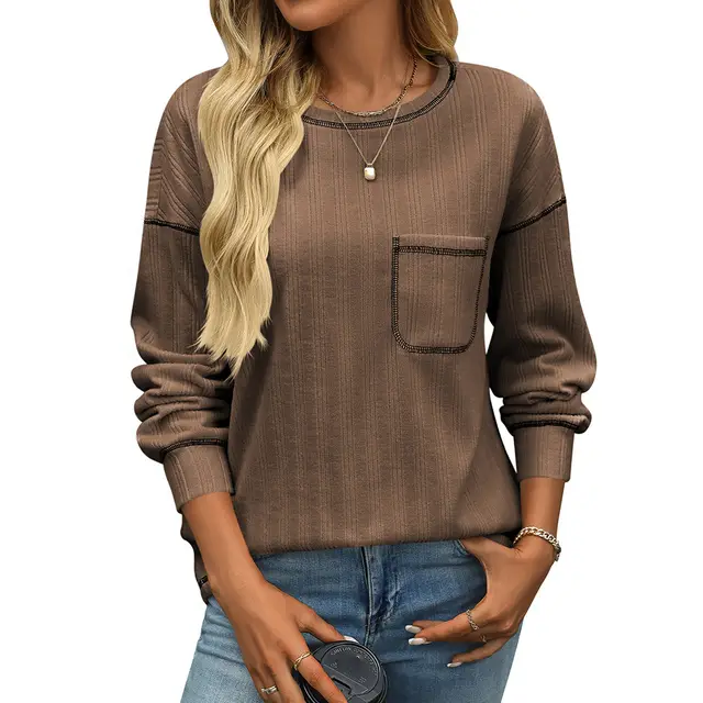 Women's Sunken Stripe Brushed Round Neck Pocket T shirt Brown - Shop at LoveMi