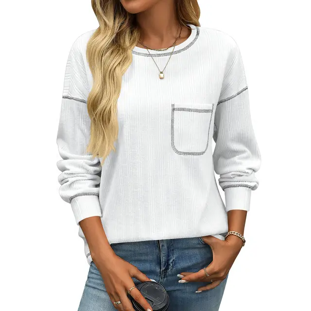 Women's Sunken Stripe Brushed Round Neck Pocket T shirt White - Shop at LoveMi