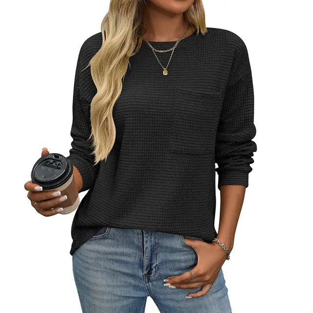 Women's Waffle Round Neck Pocket Loose T shirt Black - Shop at LoveMi