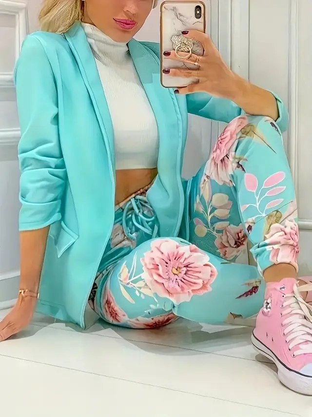 Solid Color Minimalist Long Sleeve Suit Top And Trousers Suit Sky Blue - Shop at LoveMi