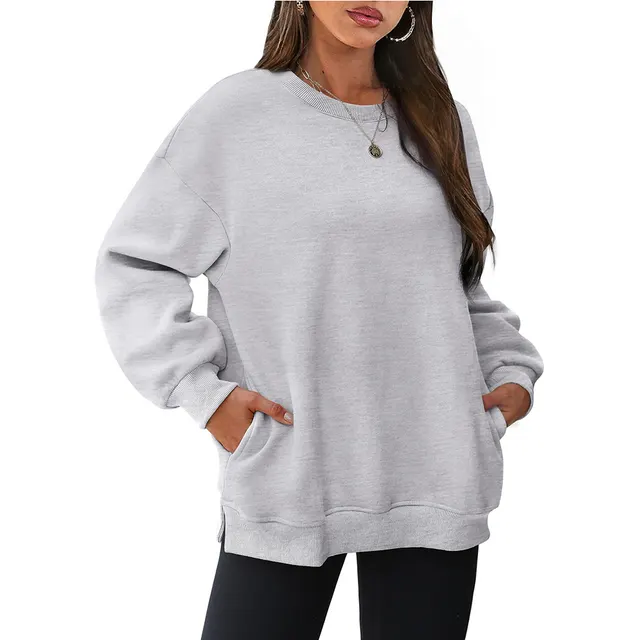 Women's Round Neck Long Sleeve Sports Fashion Pullover Light Gray - Shop at LoveMi