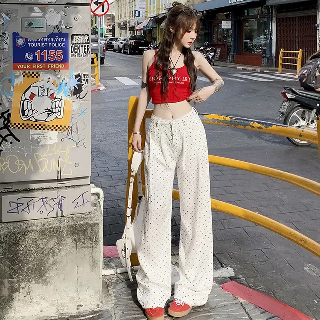 White Polka Dot Lyocell Jeans Female Pleated Design Baggy Straight Trousers Polka Dot Trousers - Shop at LoveMi