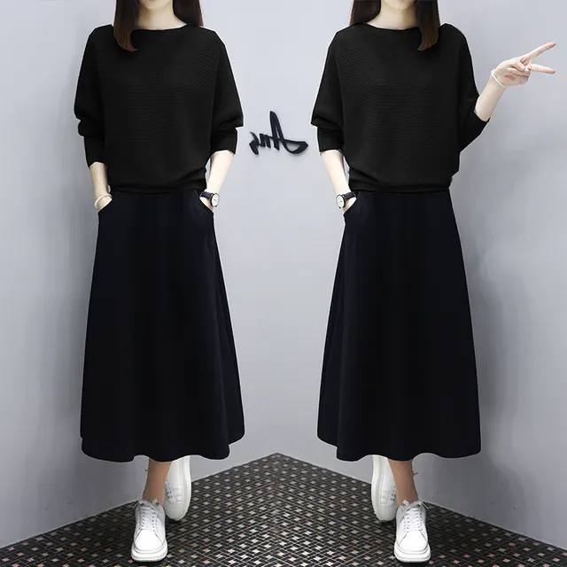 Women's Long sleeved Casual Loose Slimming Knitted Skirt Suit Black - Shop at LoveMi