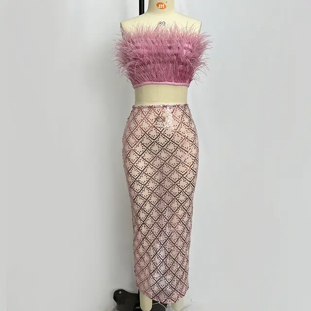 Tube Feather Bandage Top High Waist Sequined Long Skirt Sexy Suit Pink - Shop at LoveMi