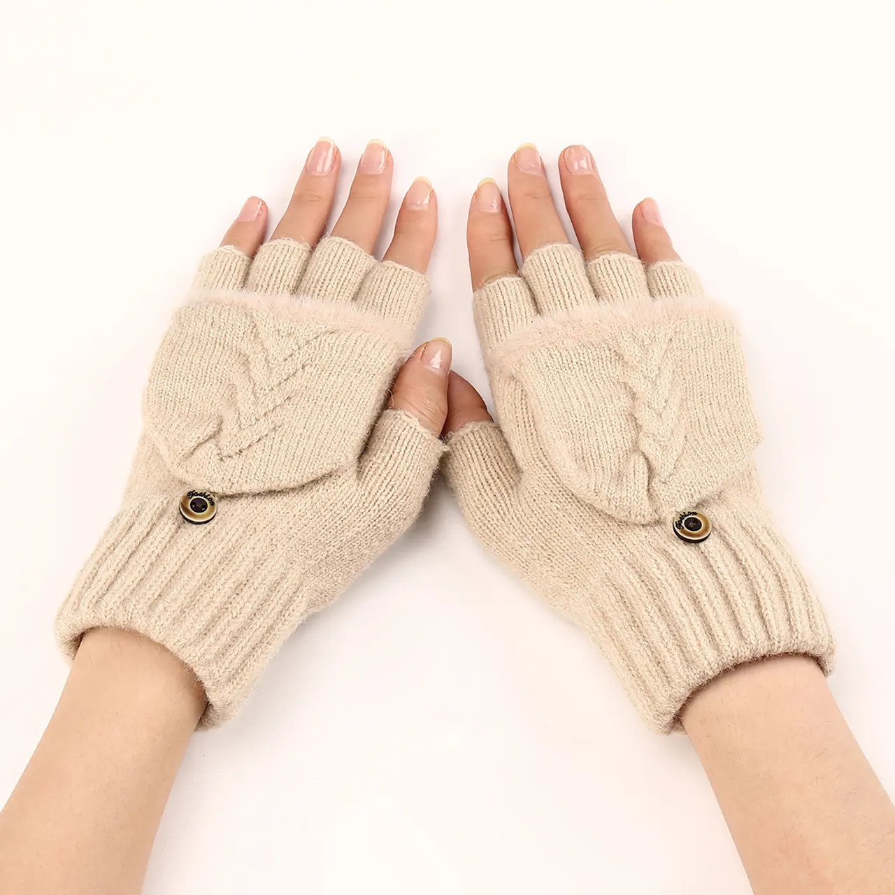 Wool Fingerless Gloves Women's Warm Fashionable Knitted Half Finger Oversleeves - Beige
