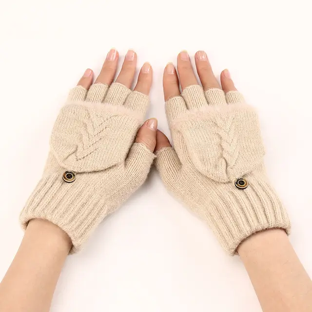 Wool Fingerless Gloves Women's Warm Fashionable Knitted Half Finger Oversleeves Beige - Shop at LoveMi