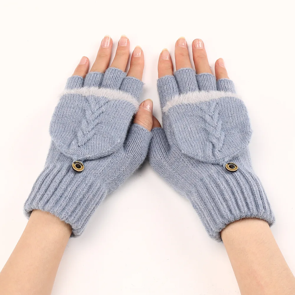 Wool Fingerless Gloves Women's Warm Fashionable Knitted Half Finger Oversleeves - Light Blue