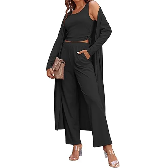 Women's Home Pajamas Long sleeved Cardigan Trousers Suit Black - Shop at LoveMi