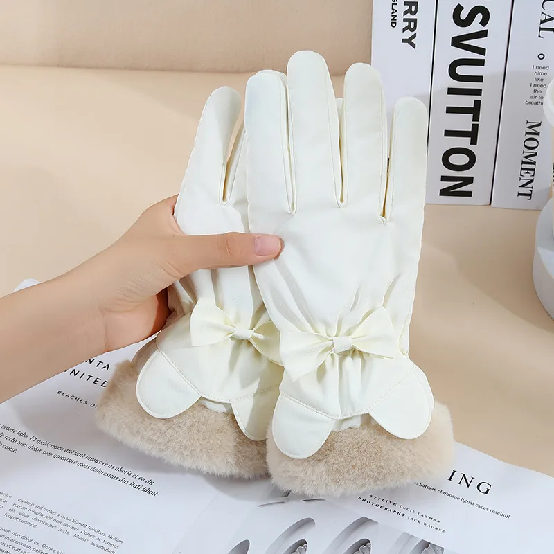 Warm Gloves Winter Women's Touch Screen Fleece-lined Thickened - Fur Mouth Rabbit Ears Beige