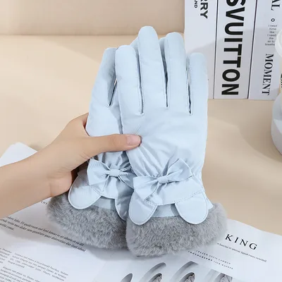 Warm Gloves Winter Women's Touch Screen Fleece lined Thickened Fur Mouth Rabbit Gray Blue - Shop at LoveMi