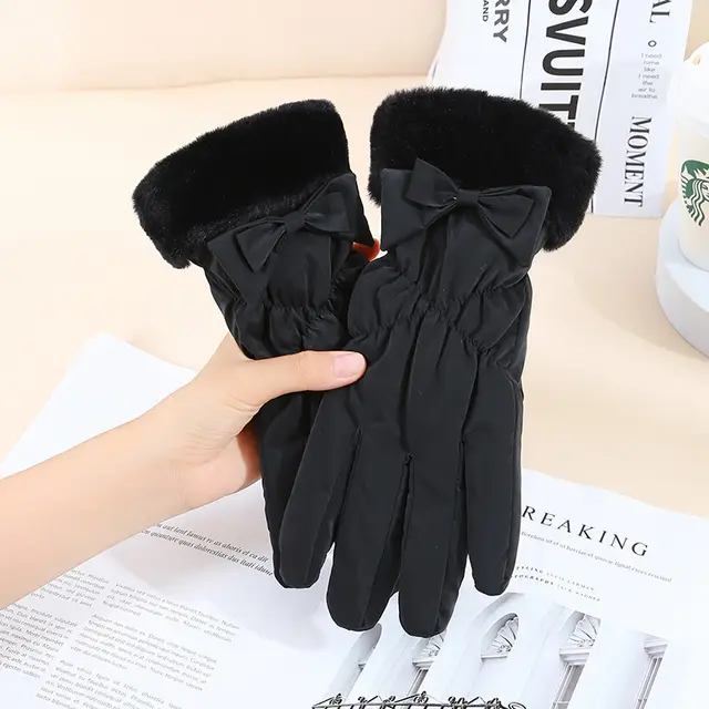 Warm Gloves Winter Women's Touch Screen Fleece lined Thickened Hair Bow Black - Shop at LoveMi