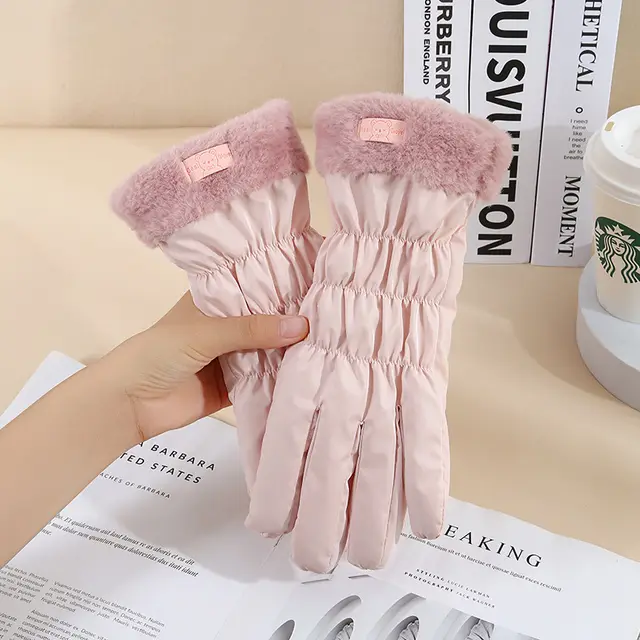 Warm Gloves Winter Women's Touch Screen Fleece lined Thickened Hair Mouth Bear Pink - Shop at LoveMi