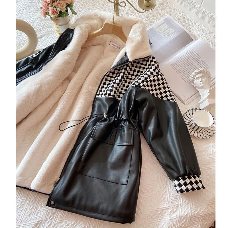 Fleece lined Thick Loose Stitching Chessboard Plaid PU Leather Cotton padded Jacket Black - Shop at LoveMi
