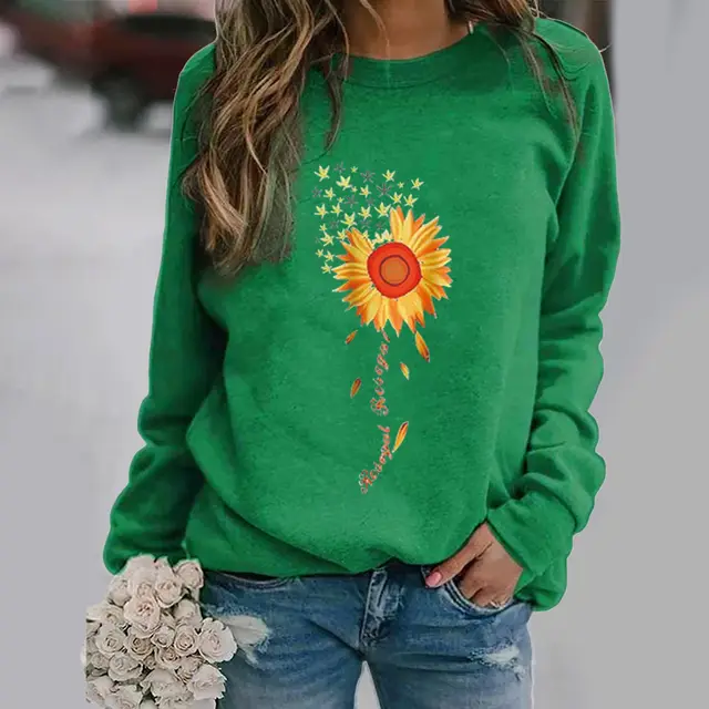 Sunflower Pattern Printing Long Sleeve Crew Neck Sweater Green - Shop at LoveMi