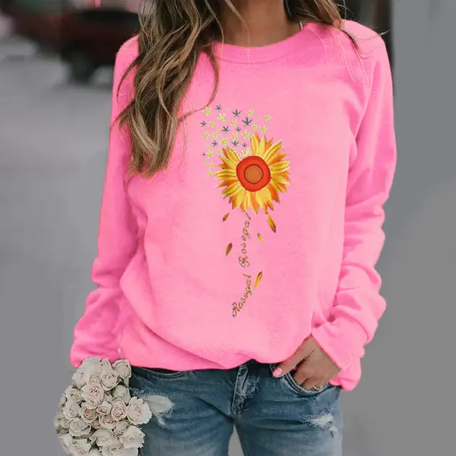 Sunflower Pattern Printing Long Sleeve Crew Neck Sweater Pink - Shop at LoveMi