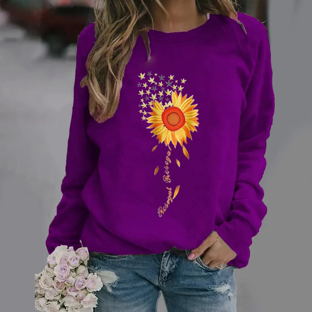 Sunflower Pattern Printing Long Sleeve Crew Neck Sweater - Purple