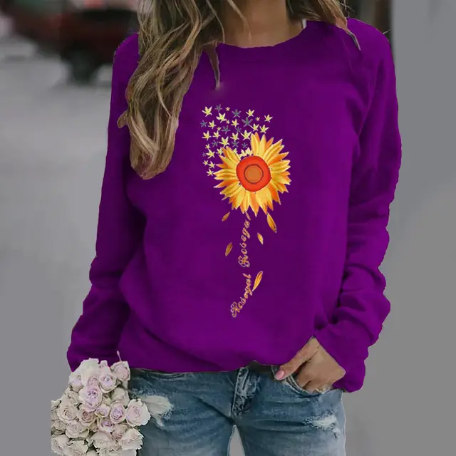 Sunflower Pattern Printing Long Sleeve Crew Neck Sweater Purple - Shop at LoveMi