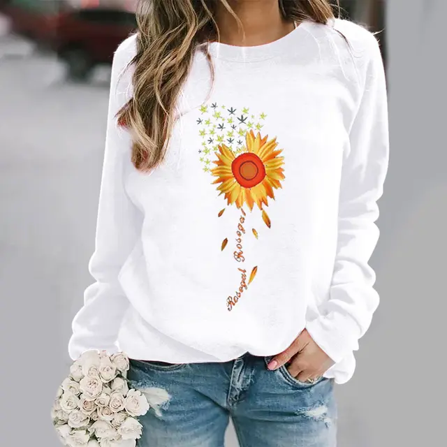Sunflower Pattern Printing Long Sleeve Crew Neck Sweater White - Shop at LoveMi
