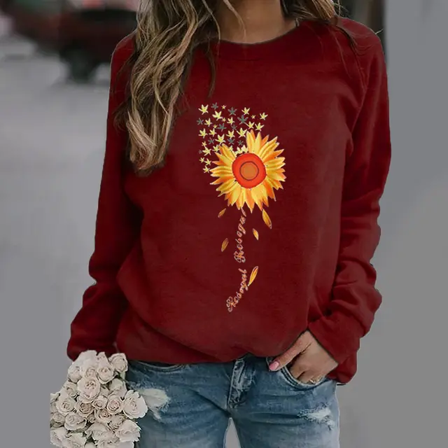 Sunflower Pattern Printing Long Sleeve Crew Neck Sweater Wine Red - Shop at LoveMi