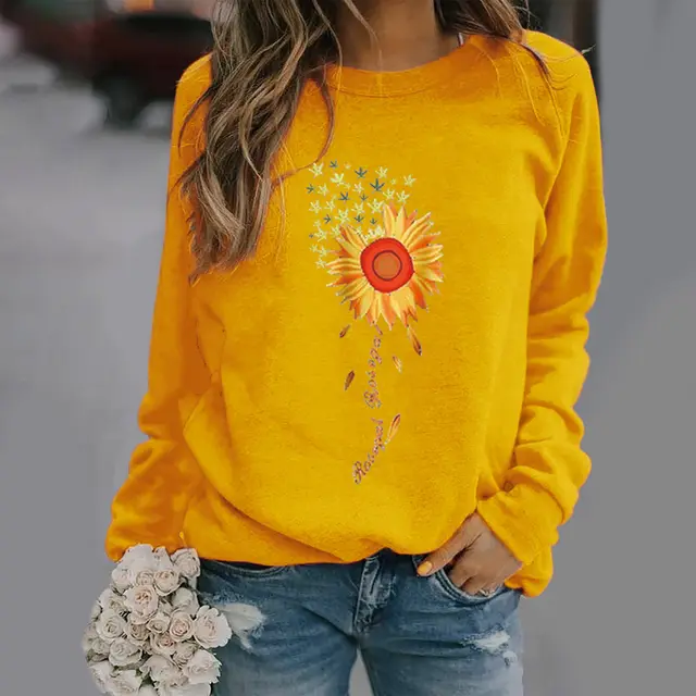 Sunflower Pattern Printing Long Sleeve Crew Neck Sweater Yellow - Shop at LoveMi