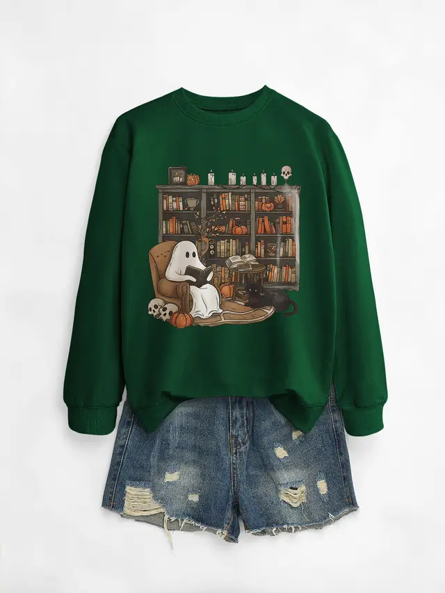 Printed Bookshelf Ghost Black Cat Round Neck Sweater Dark Green Sweater - Shop at LoveMi