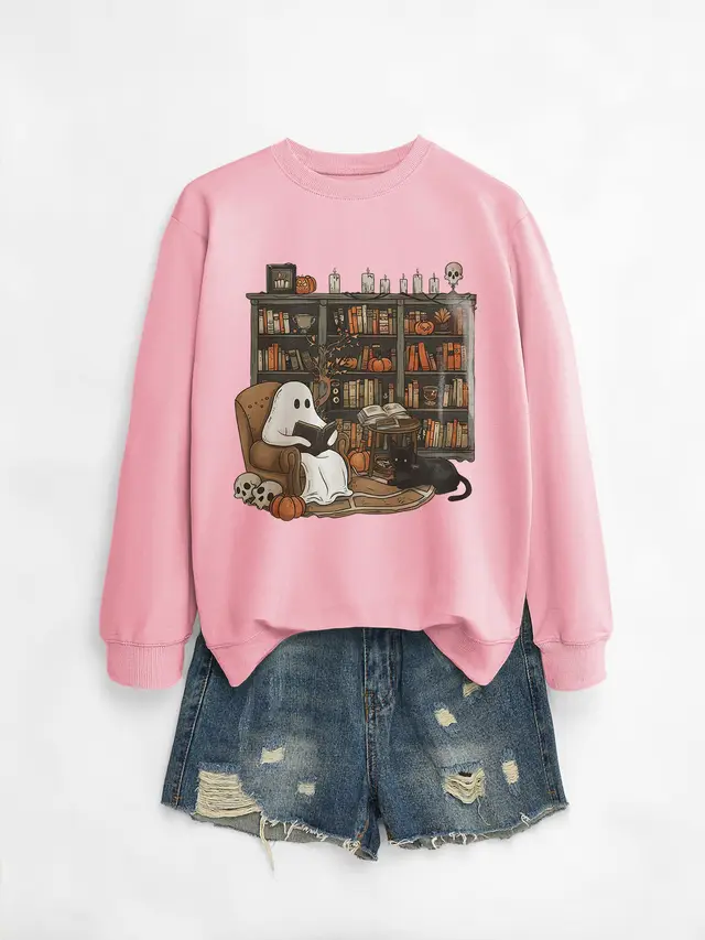 Printed Bookshelf Ghost Black Cat Round Neck Sweater Pink Sweatshirt Color Picture - Shop at LoveMi