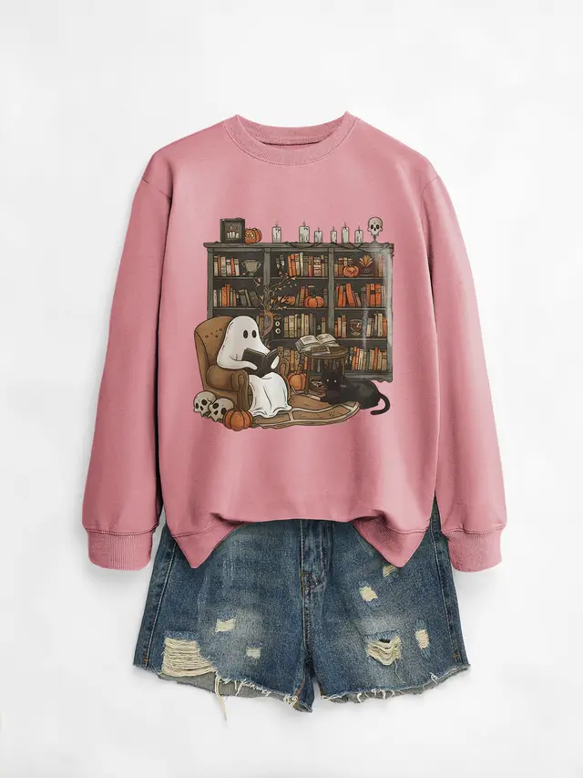 Printed Bookshelf Ghost Black Cat Round Neck Sweater Rose Gold Sweater Color Map - Shop at LoveMi