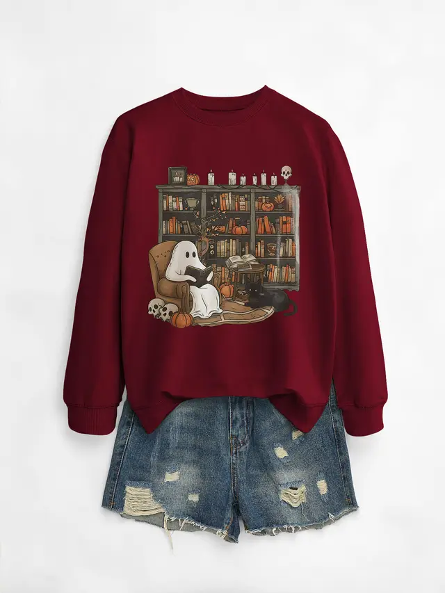 Printed Bookshelf Ghost Black Cat Round Neck Sweater Wine Red Sweater Color Picture - Shop at LoveMi