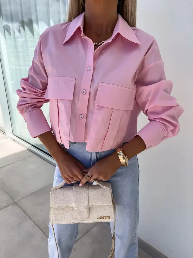 Fashion Loose long Sleeve Button Shirt Pink - Shop at LoveMi