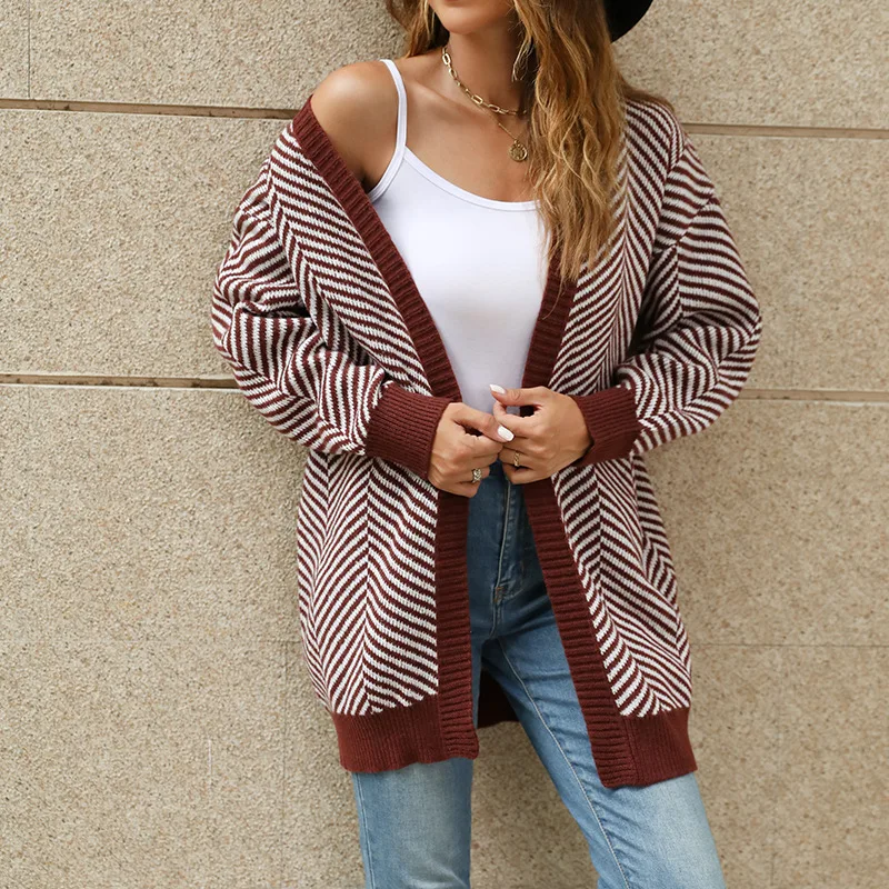 Loose Long Coat Sweater Women's Stripes Red And White Stripes - Shop at LoveMi