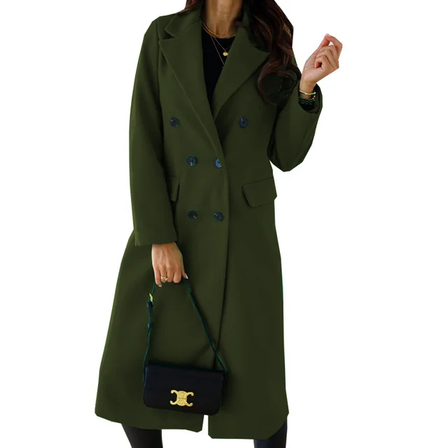 Simple Double Breasted Long Sleeve Lapel Button Woolen Coat Army Green - Shop at LoveMi