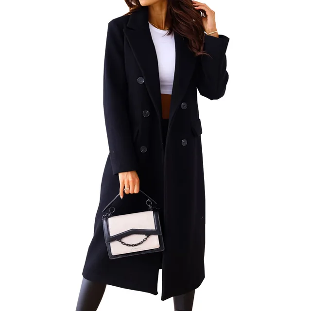 Simple Double Breasted Long Sleeve Lapel Button Woolen Coat Black - Shop at LoveMi