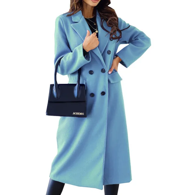 Simple Double Breasted Long Sleeve Lapel Button Woolen Coat Light Blue - Shop at LoveMi