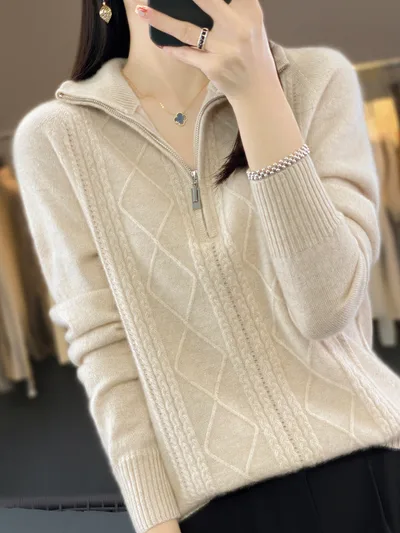 Autumn And Winter Twisted Half Zipper Cashmere Sweater Raw Velvet Rice - Shop at LoveMi