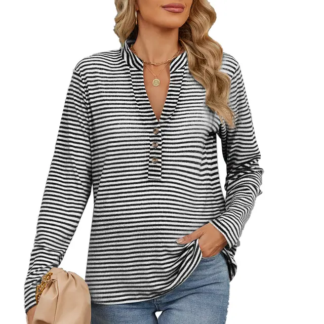 V neck Buttons Striped Loose Long sleeved Women Blouse Black - Shop at LoveMi