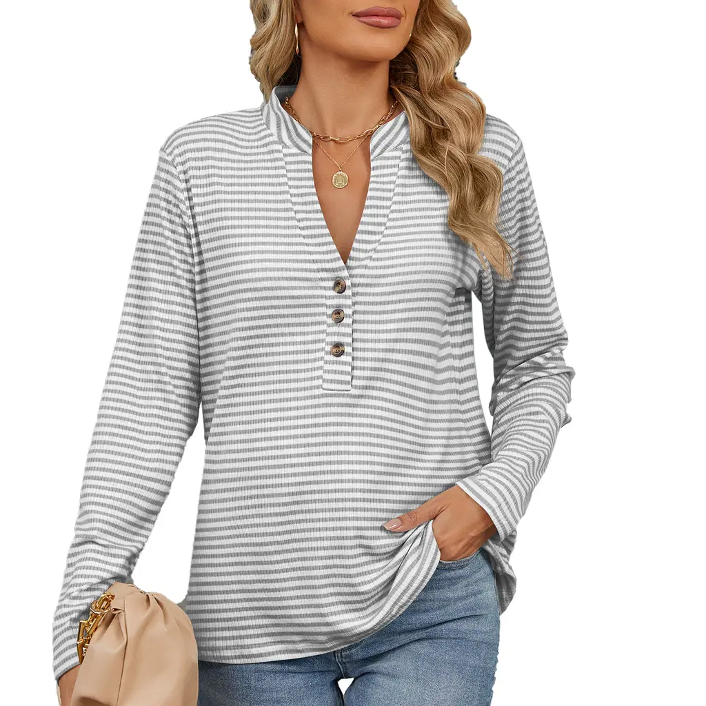 V-neck Buttons Striped Loose Long-sleeved Women Blouse - Gray