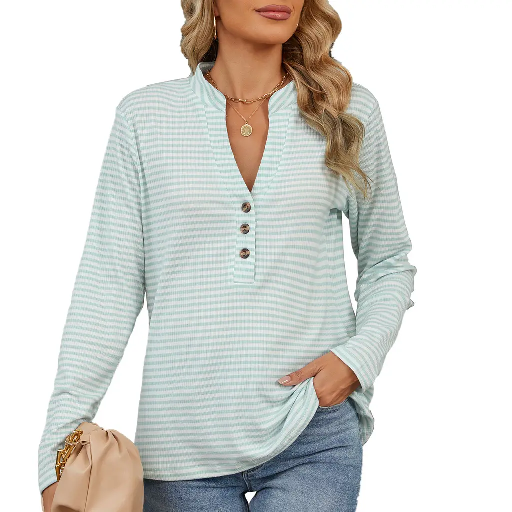 V-neck Buttons Striped Loose Long-sleeved Women Blouse - Green