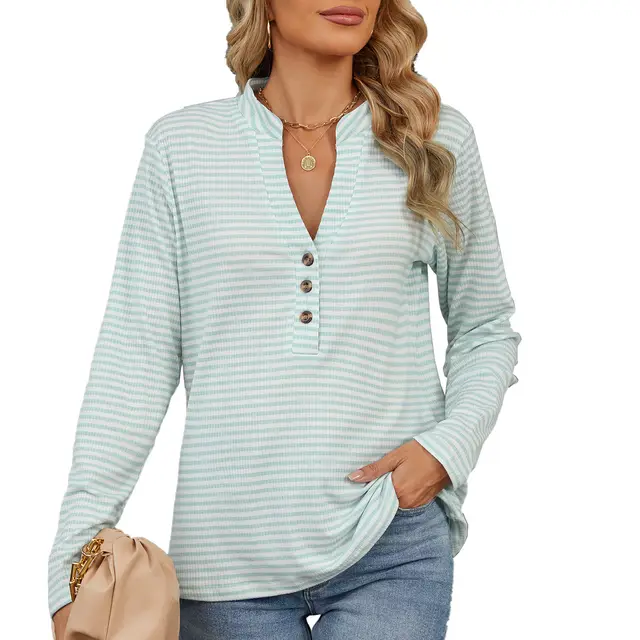 V neck Buttons Striped Loose Long sleeved Women Blouse Green - Shop at LoveMi