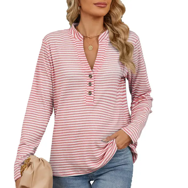 V neck Buttons Striped Loose Long sleeved Women Blouse Pink - Shop at LoveMi