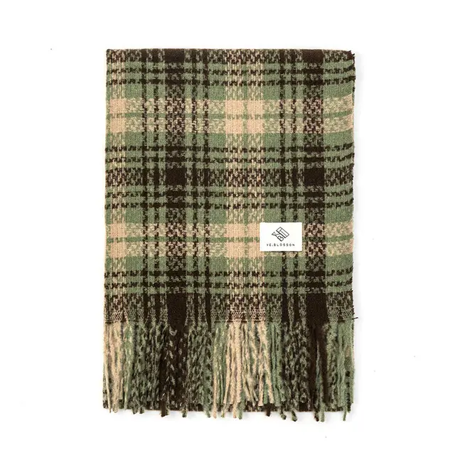 Plaid Knitted Scarf Winter Maillard Color Tassel Scarf Matcha Green - Shop at LoveMi