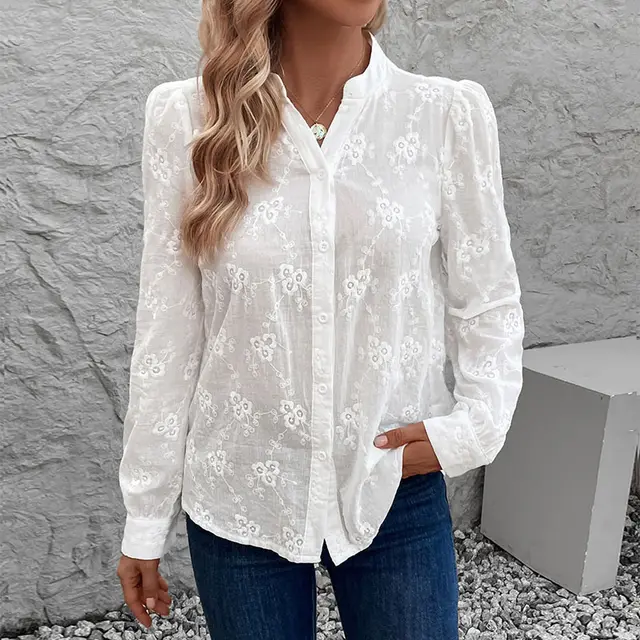 Long sleeved Shirt Commuter Hollow Lace Jacquard Shirt White - Shop at LoveMi