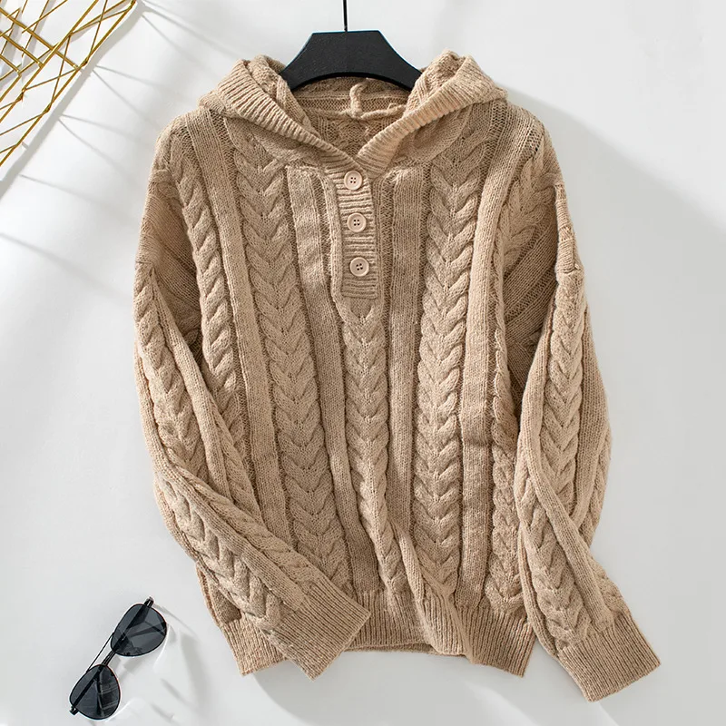Hooded Pullover Women's Button Cable knit Sweater Khaki - Shop at LoveMi