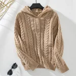Hooded Pullover Women's Button Cable-knit Sweater - Khaki
