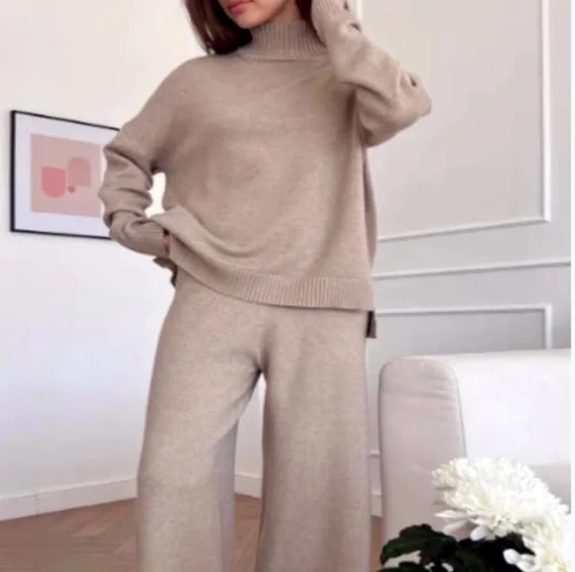 High grade Solid Color Turtleneck Knitting Suit Women's Wide leg Pants Two piece Set Camel - Shop at LoveMi