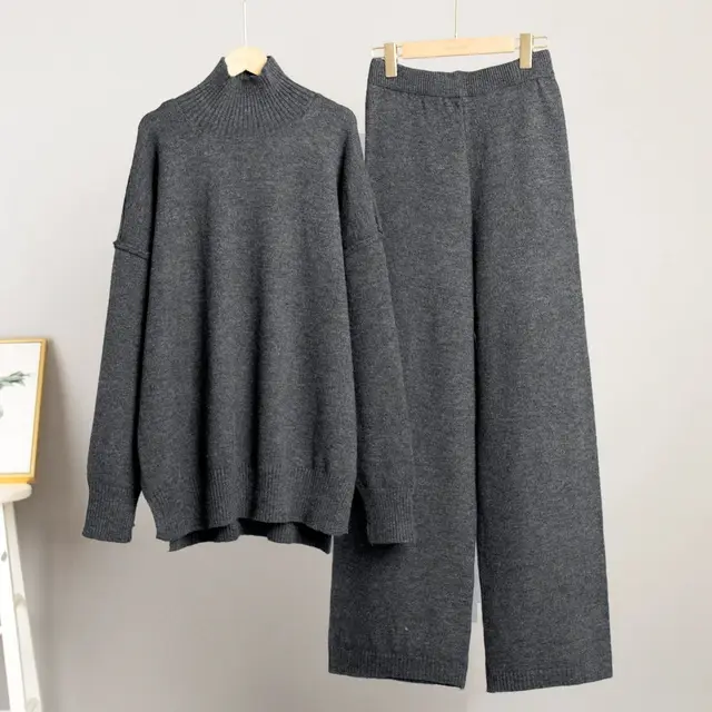 High grade Solid Color Turtleneck Knitting Suit Women's Wide leg Pants Two piece Set Dark Grey - Shop at LoveMi