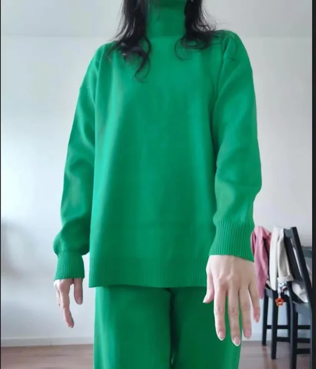 High grade Solid Color Turtleneck Knitting Suit Women's Wide leg Pants Two piece Set Green - Shop at LoveMi