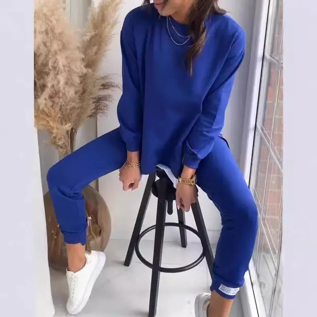 Women's Sports Suit Fashion Slit Design Sweatshirt Top And Slim fit Trousers Sweatpants Casual Two Piece Set Outfit Blue - Shop at LoveMi