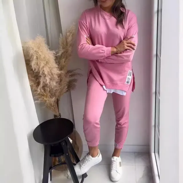 Women's Sports Suit Fashion Slit Design Sweatshirt Top And Slim fit Trousers Sweatpants Casual Two Piece Set Outfit Pink - Shop at LoveMi