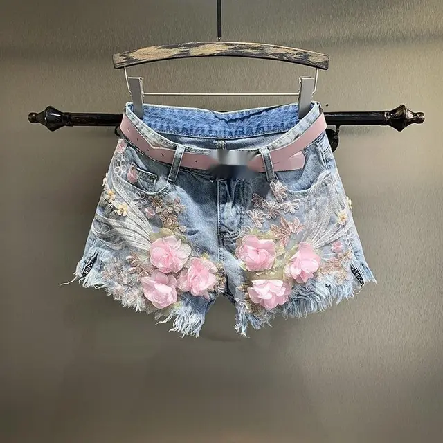 New Embroidery Beads Loose Straight Denim Shorts Women Picture Color - Shop at LoveMi